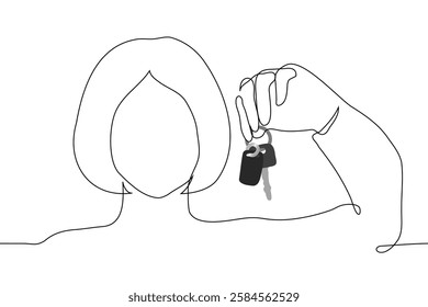 woman close up holding car keys at head level - one line art vector. Handmade vector not AI