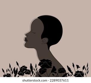 Woman with closed eyes among black poppies on grey background. Pure female beauty and nature. Hand drawn vector art