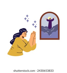 Woman with closed eyes and hands gesture prays in front of icon flat style, vector illustration isolated on white background. Decorative design element, religion and faith