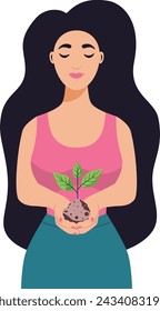 Woman with closed eyes hold sprout and soil in her hands.