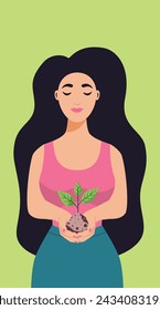 Woman with closed eyes hold sprout and soil in her hands.