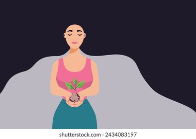 Woman with closed eyes hold sprout and soil in her hands.