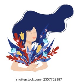 Woman with closed eyes holding fresh flowers in blossom. Isolated female character with bouquet of wildflowers and leaves, branches and vegetation of meadows, florist shop. Vector in flat style