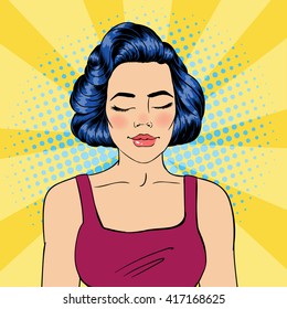 Woman with Closed Eyes. Meditating Girl. Pop Art. Vector illustration