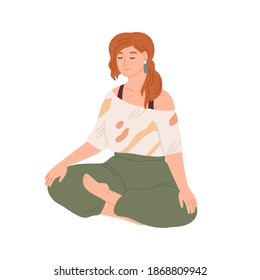 Woman with closed eyes meditating in yoga lotus posture. Female character sitting with her legs crossed and performing meditation practice. Flat vector illustration isolated on white background