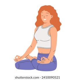 Woman with closed eyes meditating in yoga lotus posture. Female character sitting with her legs crossed and performing meditation practice. Flat vector illustration isolated on white background