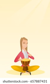 Woman with closed eyes playing the ethnic drum. Caucasian mucisian playing the ethnic drum. Young mucisian playing ethnic music on the tom-tom. Vector flat design illustration. Vertical layout.