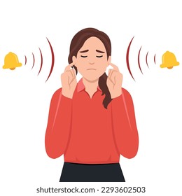 Una mujer con los ojos cerrados está tapando sus oídos con los dedos cuando sufre de tinnitus. Las campanas rojas son un símbolo de zumbido insoportable en las orejas. Concepto de enfermedades de órganos auditivos o problemas neurológicos. F