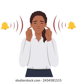 Woman with closed eyes is plugging her ears with fingers when suffering from tinnitus. Flat vector illustration isolated on white background