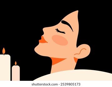 Una mujer con los ojos cerrados que se relaja por la luz de las velas. Gráfico minimalista del Vector