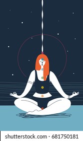 Woman with closed eyes and seven chakras of different colors sits in yoga position and meditates against blue background. Concept of physical health and meditation. Vector illustration for poster.