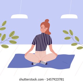 Woman with closed eyes sitting cross legged and meditating. Business meditation, relaxation at office, awareness and mindfulness, yoga and breathing exercise at work. Flat cartoon vector illustration.