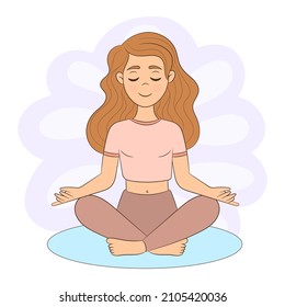Woman with closed eyes sitting cross-legged, practicing yoga and enjoying meditation.