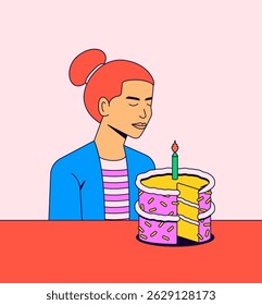 Woman with closed eyes sitting in front of a birthday cake with one candle vector hand drawn illustration for celebration birthday icon design or badge