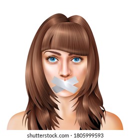 Woman with closed mouth realistic composition young girl stands and her mouth taped vector illustration