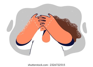 Woman closes eyes with palms, wanting to ignoring interlocutor or not to notice problems that arise. Cowardly girl pretends to be blind ignoring mistakes and refusing to admit trouble