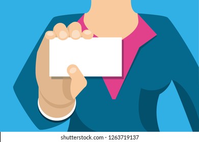 Woman close-up holds out a business card. Hand with a business card, white background, place for text. Flat Vector Illustration
