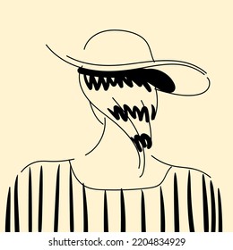 Acercamiento de la mujer. Gráficos minimalistas de dibujos animados. La chica del sombrero se queda de espaldas a la audiencia.