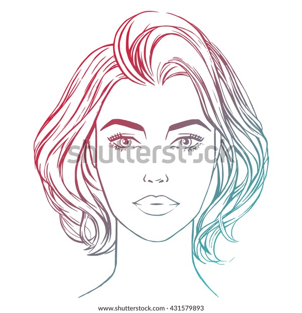 スケッチスタイルの女性の接写 美しい若い女性で 短い髪の毛のカット 女性の顔 手描きのライン アートファッションイラスト 白い背景に メイクアップ面グラフのデザイン のベクター画像素材 ロイヤリティフリー