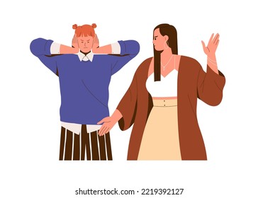 Woman closing, covering ears with hand, ignoring annoying negative person. Girl avoiding listening to smth unpleasant. Ignorance concept. Flat graphic vector illustration isolated on white background