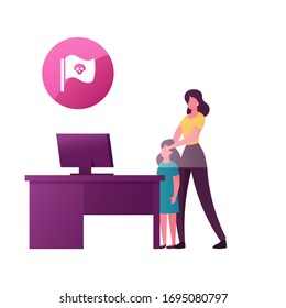 Woman Closing Daughter Eyes Protecting From Online Content. Censored Internet Information, Parenting Control. Little Girl Stand At Desk With Computer. Cartoon People Characters Vector Illustration