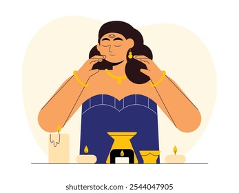 Woman closing her eyes seeking inner peace, connection with spiritual power, symbol of self-purification process, gypsy vector illustration.