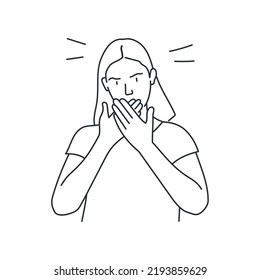 Woman Closing Her Mouth. Hand Drawn Vector Illustration. Black And White.