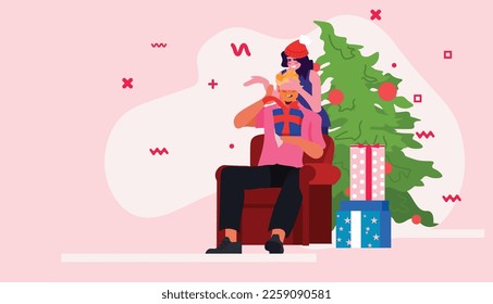 woman closing man's eyes playing guess who game near decorated fir tree happy new year merry christmas holidays celebration