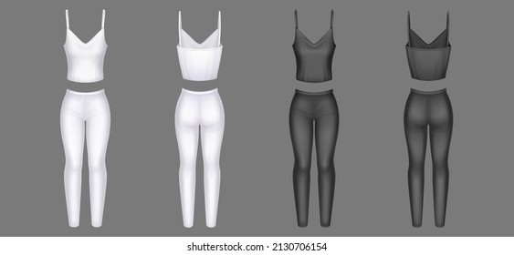 Woman clothes 3d vector tight pants and sleeveless tank top blank mockup. White avd black female apparel realistic template front and rear view. Girls summer garment, isolated outfit design mock up