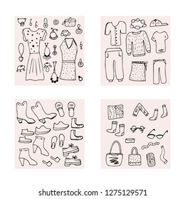 Woman clothes and accessories banner set in doodle style. Collection of cards with female fashion symbols. Vector illustration. 