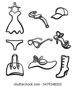 woman clothes and accessories icons set outlines