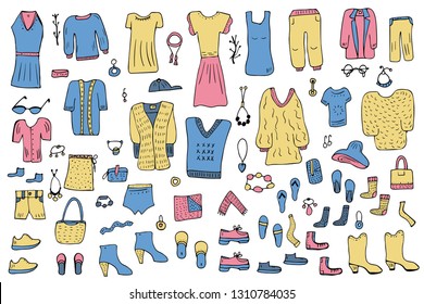 Woman clothes and accessories set in doodle style. Collection of female fashion symbols. Vector color illustration. 