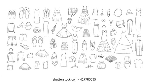 Woman clothes and accessories vector doodles illustration.