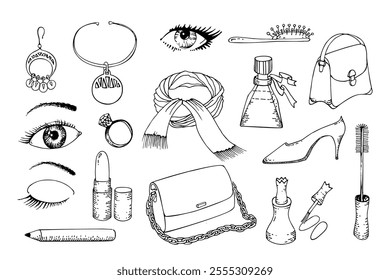 Woman clothes and accessories. Women necklaces, earrings and rings, handbag, scarf, perfumes and cosmetics. Hand drawn vector line illustration.