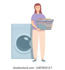 Woman with clothes basket near the washing machine icon cartoon vector. Household laundry cloth. Washing dirty clothes.