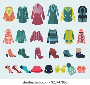 Woman Clothes collection Fashion boutique  for design. Vector set icon of winter clothes and accessories  - Illustration