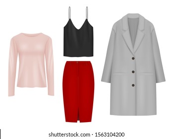 Woman clothes collection. Various female clothing. Realistic vector image.