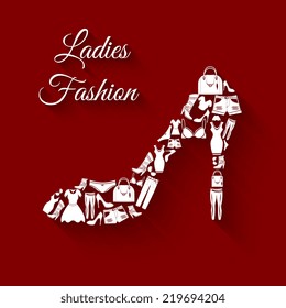 Woman clothes elements in high heel shoe shape concept vector illustration