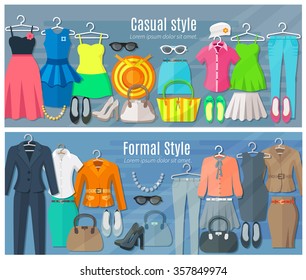 Woman clothes horizontal banners set of collection in formal and casual fashion styles vector illustration  