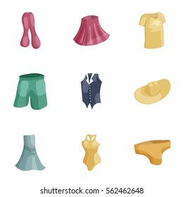 Woman clothes icons set. Cartoon illustration of 9 woman clothes vector icons for web