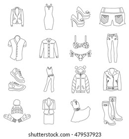 Woman clothes icons set in outline style. Woman wear set collection vector illustration