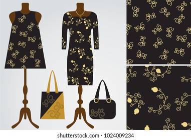 Woman clothes modern stylish boutique, shop. Vector illustration. Two seamless floral patterns with its example on the dress mannequin mock up. Maxi and mini cocktail dresses with bags, golden chain