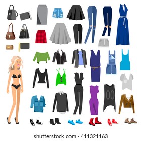 Woman Clothes. Paper doll with clothes, skirt and blouse, boots, glasses and jeans, sweater, shoes, bags. Clothes vector flat illustration set. Clothes and accessories