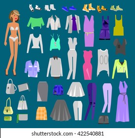 Woman Clothes. Paper doll with clothes, skirt and blouse, boots, glasses and jeans, sweater, shoes, bags. Clothes vector flat illustration set. Clothes and accessories