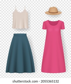 Woman clothes. Realistic fashioned accessories for girls skirt sneakers blouse hat pants decent vector 3d illustrations collection