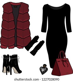 Woman clothes set.  Fashion vector illustration, black dress, red fur coat, black heels, bag, gloves. Lady set