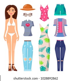 Woman and clothes set poster, banner with summer mode, dress and pants t-shirt and top, shorts and summer mode, ector illustration isolated on white