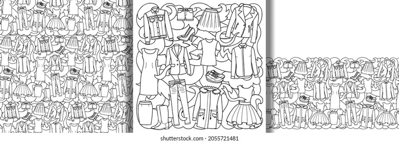 Woman Clothes set and seamless pattern and border set