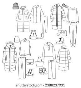 Woman clothes set. Sketch. Down jacket, sweater, sport suit, bag, shoes. Warm winter clothes