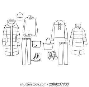 Woman clothes set. Sketch. Down jacket, sweater, sport suit, bag, shoes. Warm winter clothes